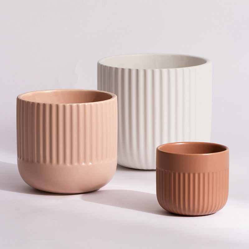 Matte Striped Ceramic Flower Pots