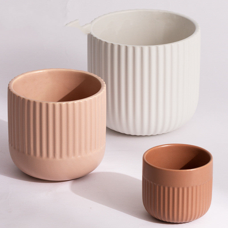 Matte Striped Ceramic Flower Pots